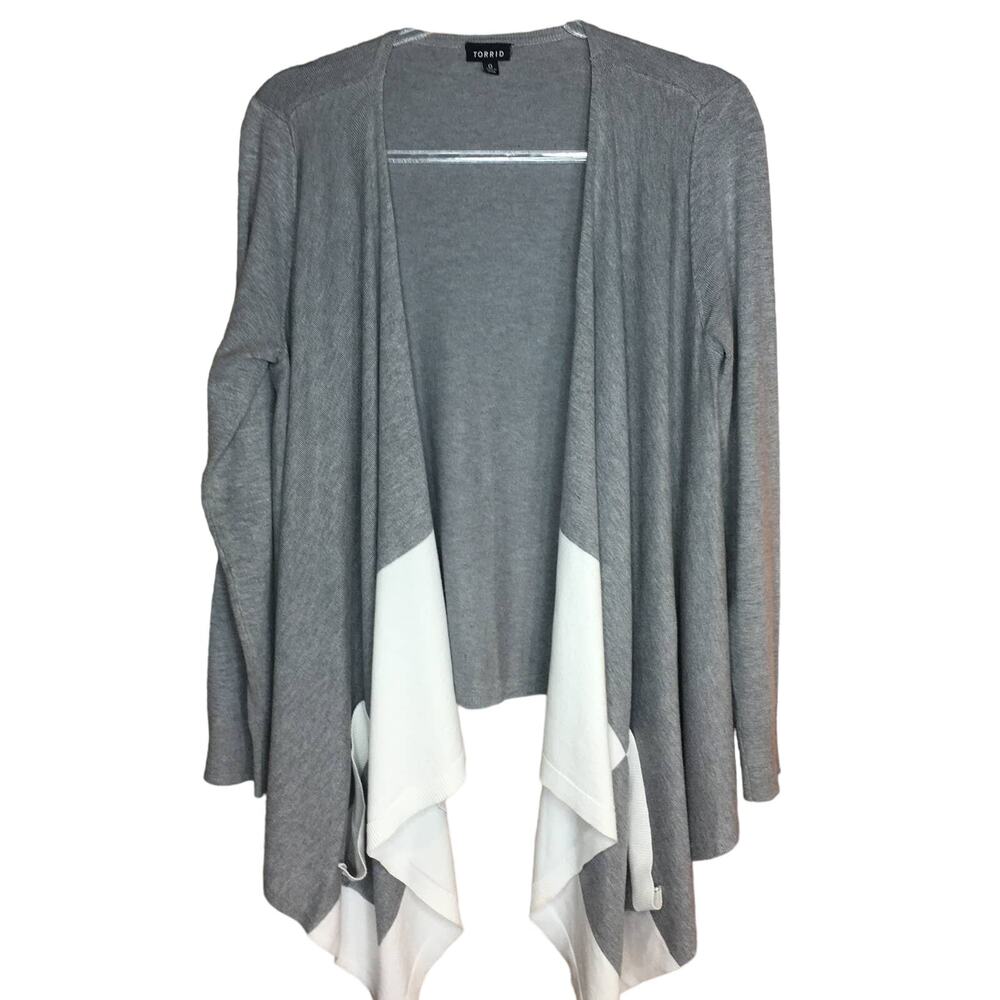 Torrid Womens Sz‎ 0/0X Cascade Open Front Cardigan Gray White Pockets Colorblock
